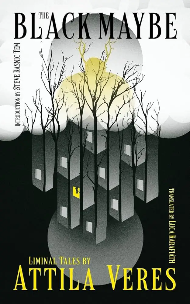 The cover of The Black Maybe. This one rocks. Trees in the upper half behind a white background are reflected as skyscrapers on the bottom half with a black background. 