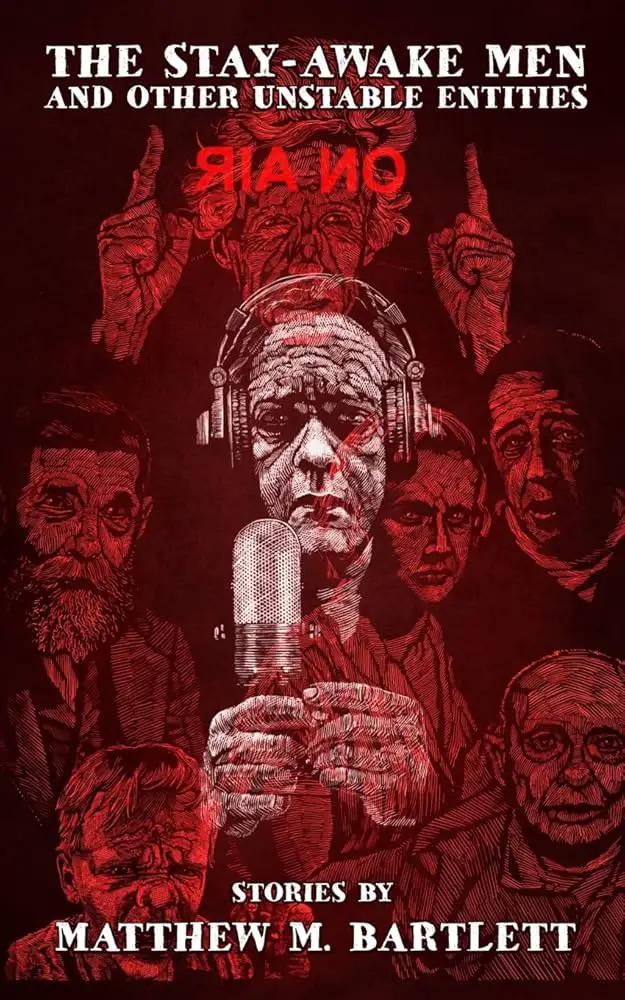 The cover of the Stay-Awake Men. An exhausted radio DJ is in the foreground, surrounded by faded, maybe sinister faces. 