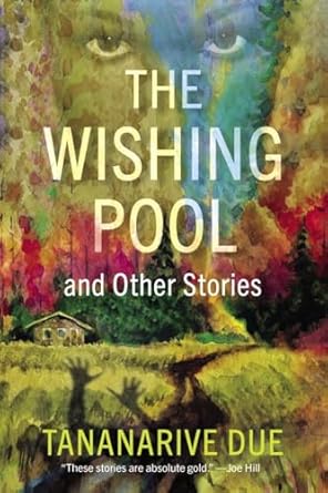 The cover of The Wishing Pool, a face in a rainbow over a forest with a dark road below. 