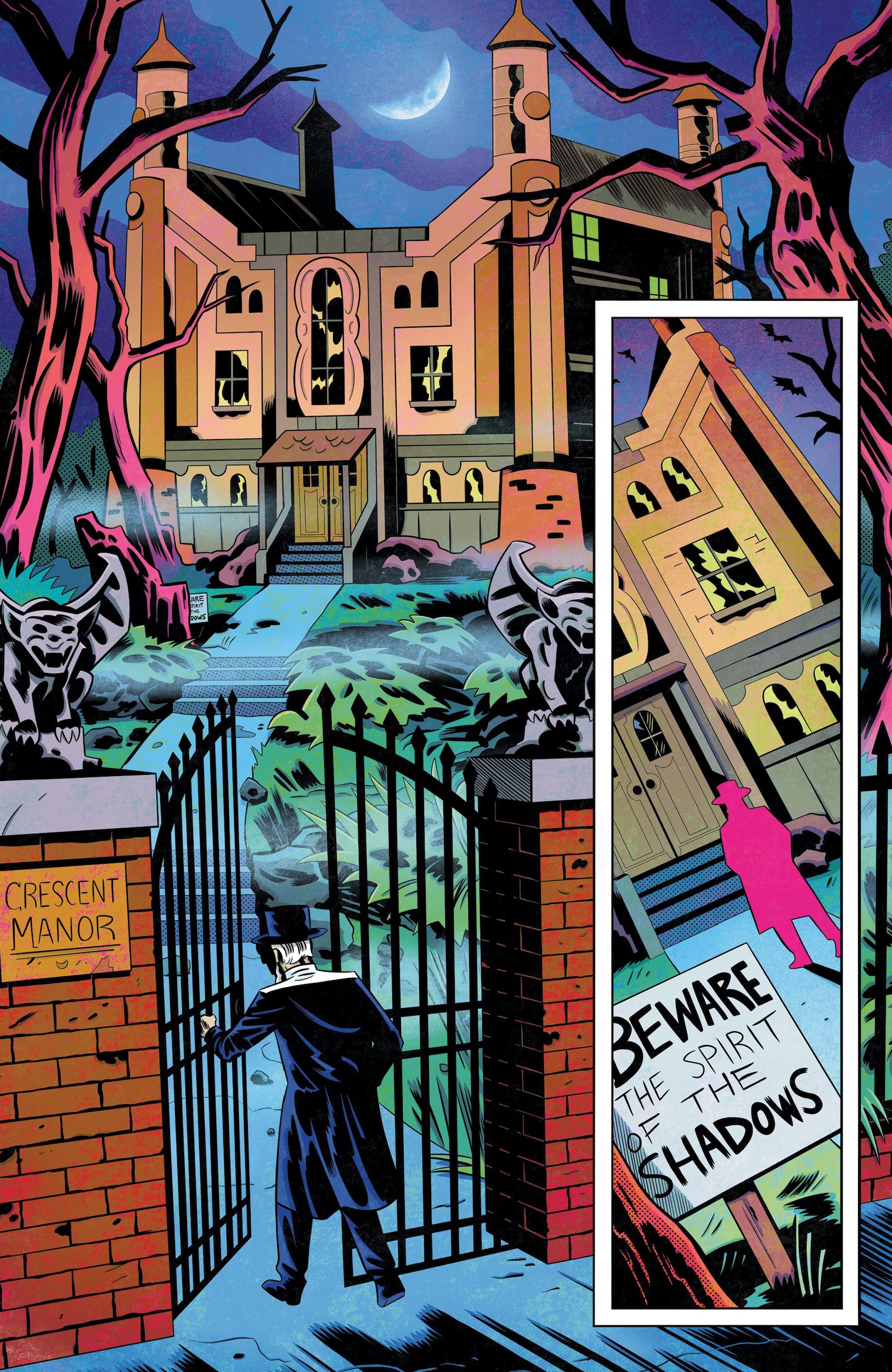 Sequential art of figur entering dark old mansion