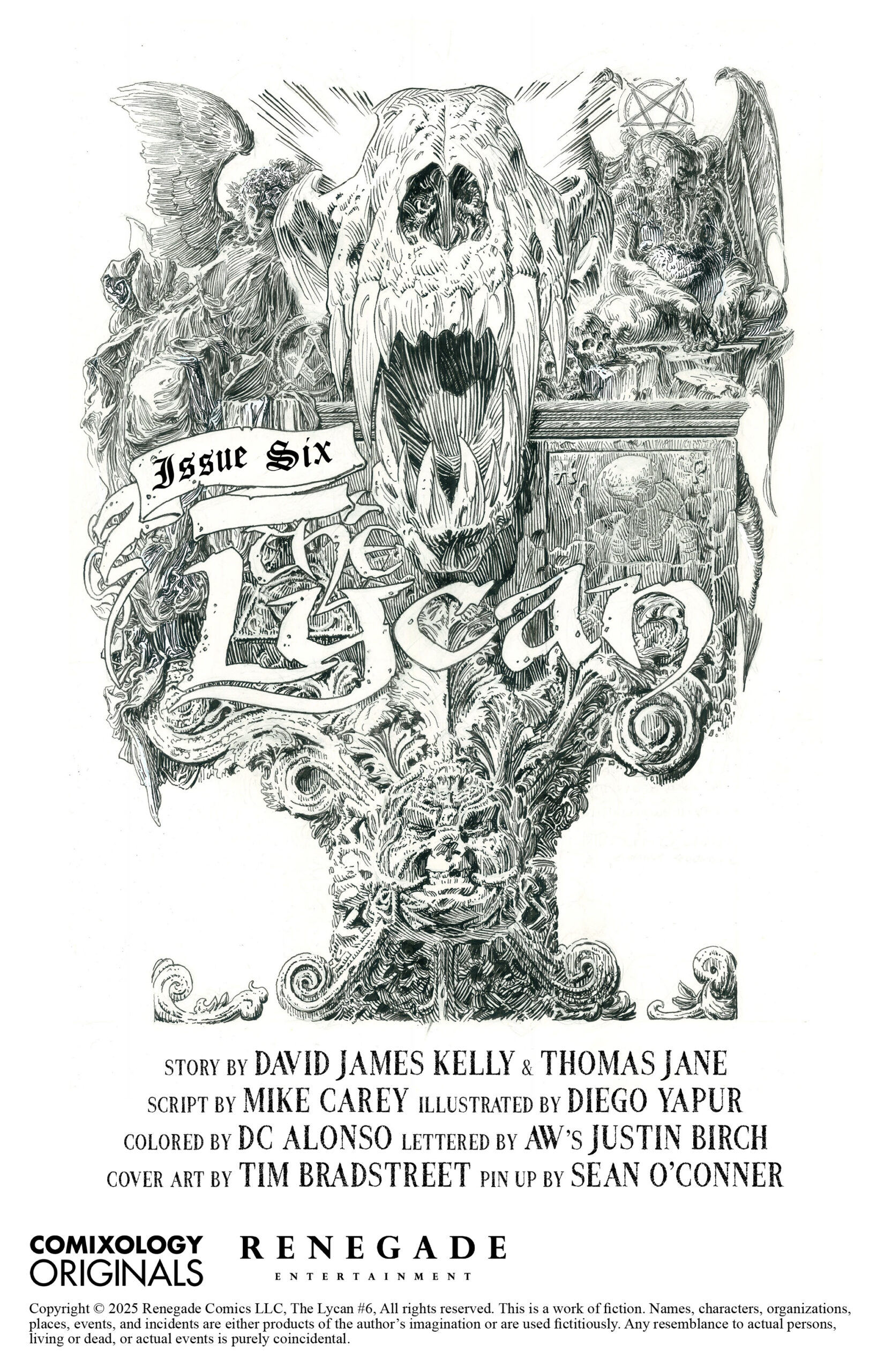 Lycan Credits page with black and white drawing