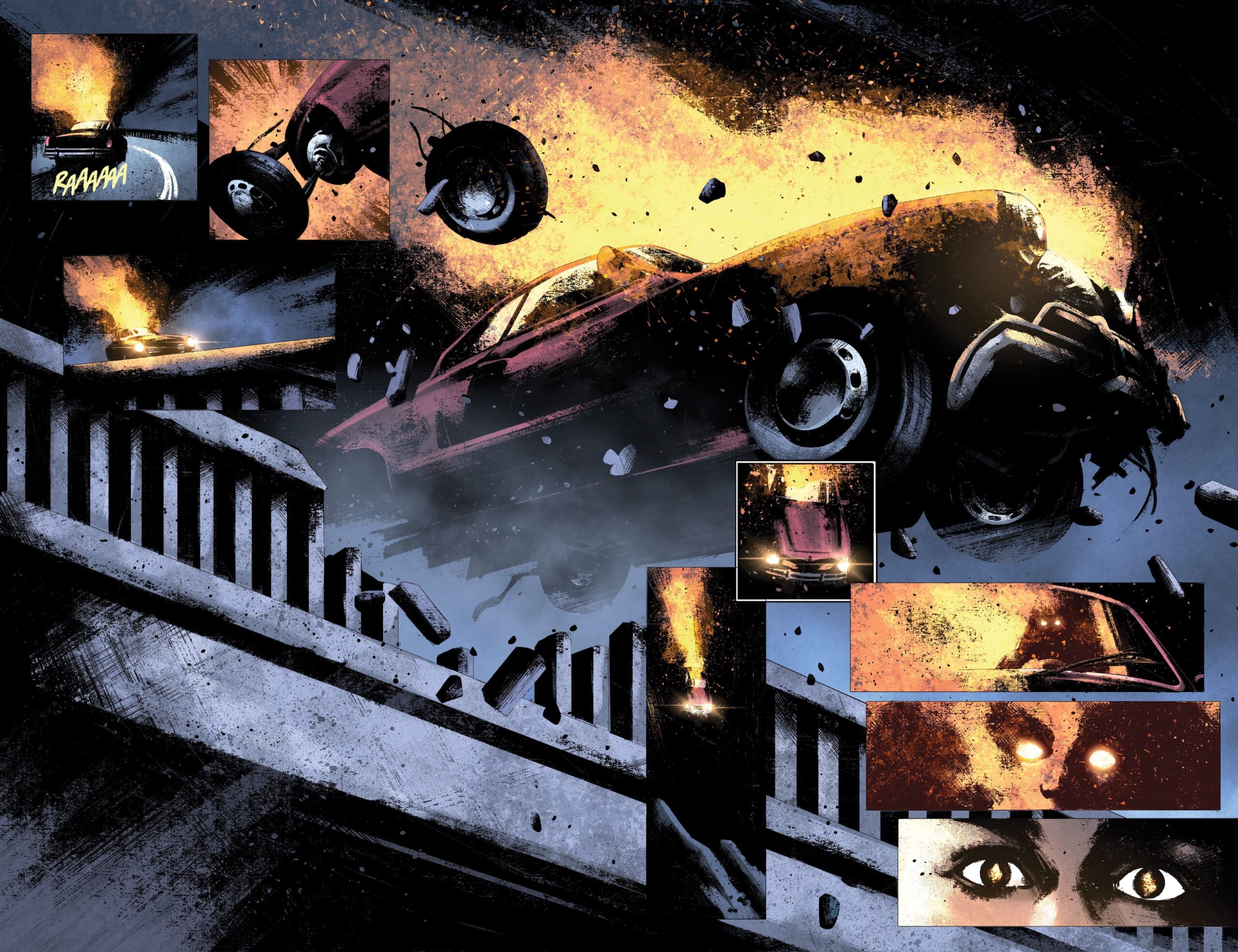 Comics frame - car goes off bridge in flames