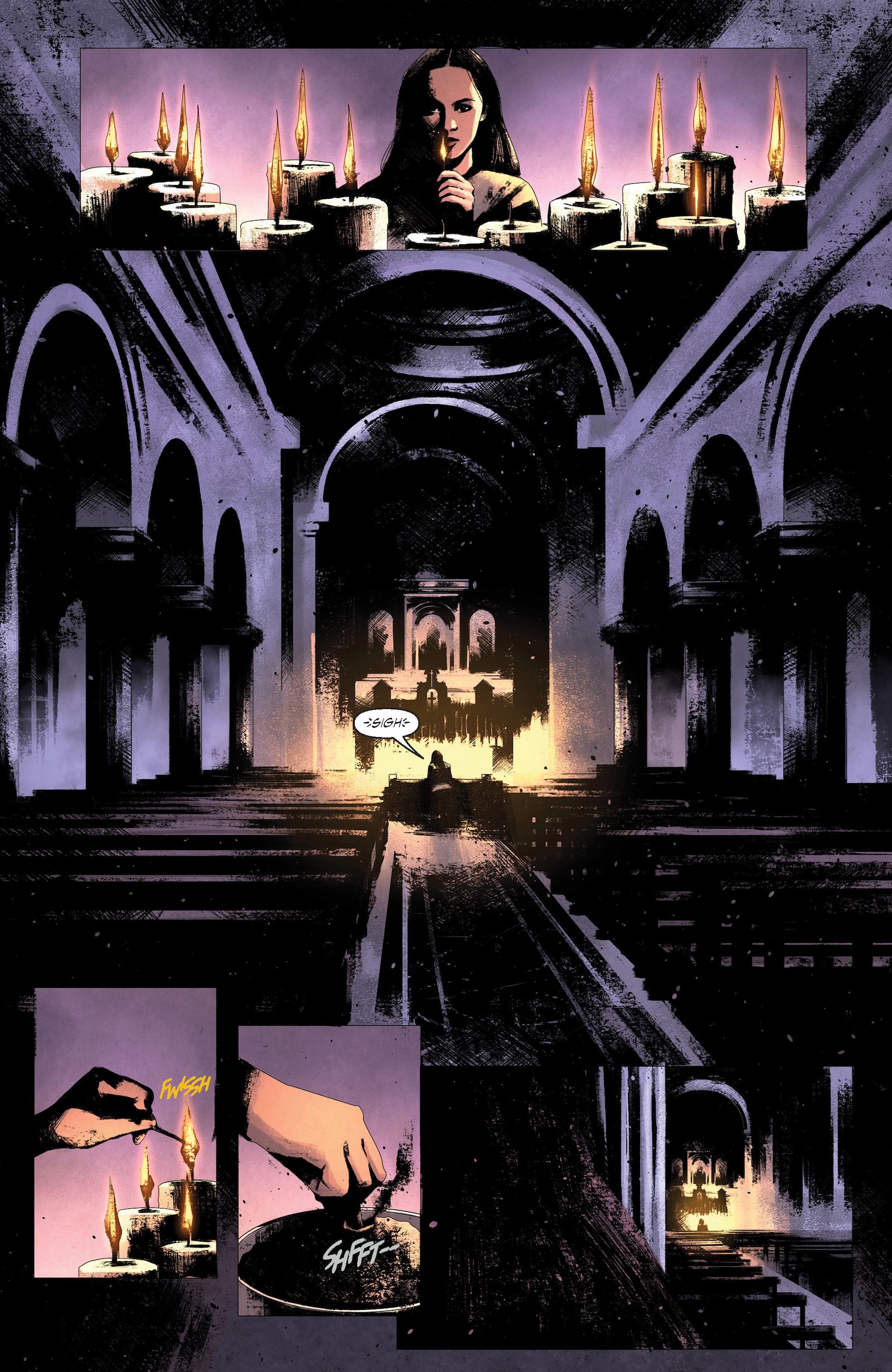 Page from comic - nun in church with frames of the lighting of a candle