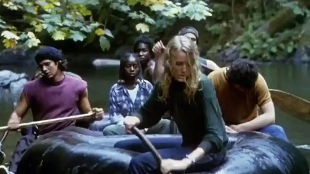 Group including Darryl Hanna rows in raft in The Final Terror