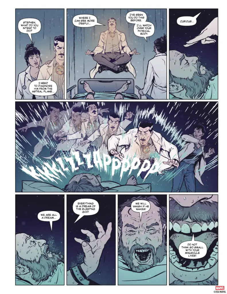 As Strange levitates and looks into the man's mind he gets a zap of mysterious energy and the man continues to talk