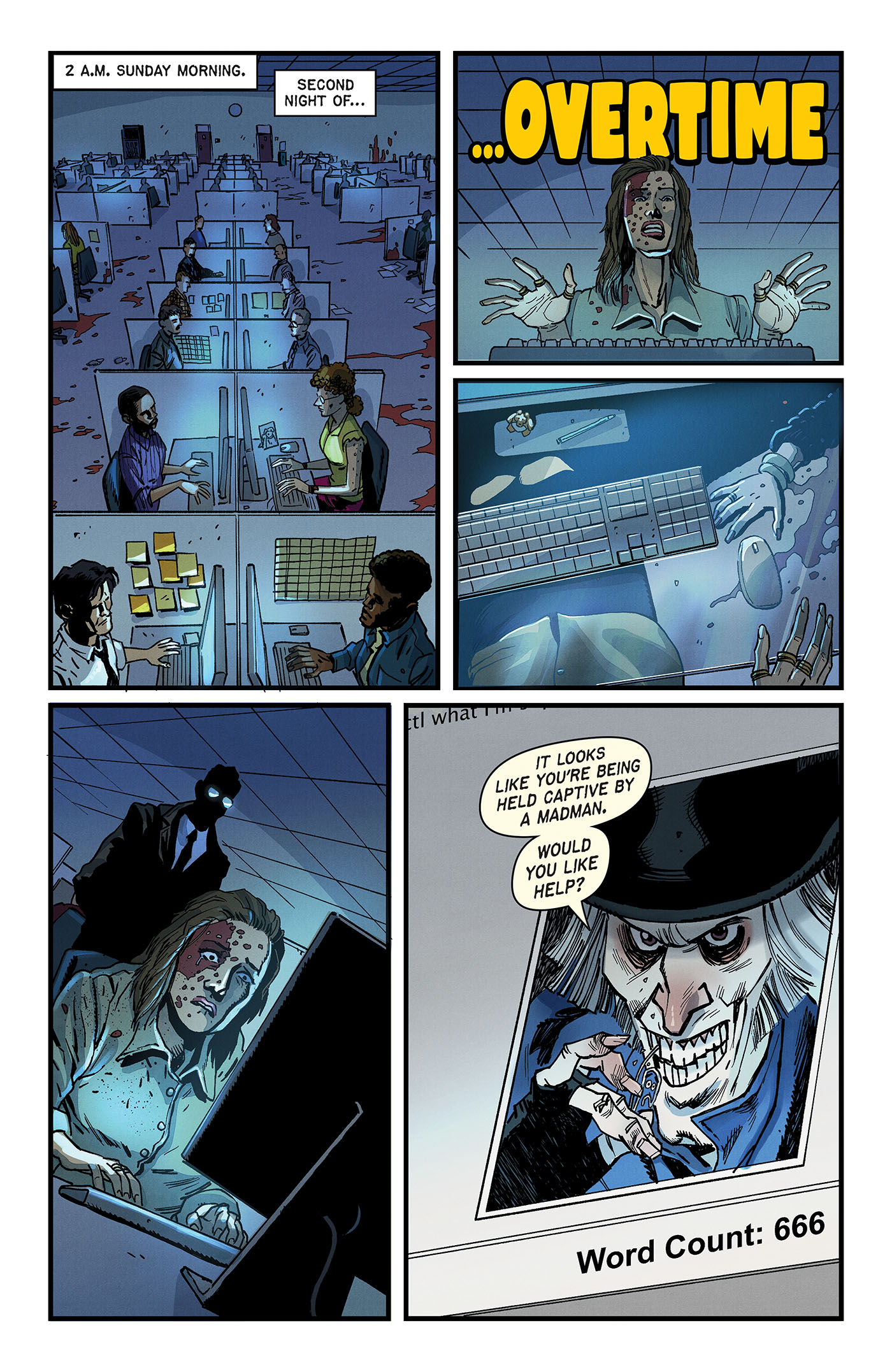 Page 1 - woman works in cubicle late at night in a blood-spattered office, overtime work, as devilish Tormentor figure on screen speaks to her about her overwork