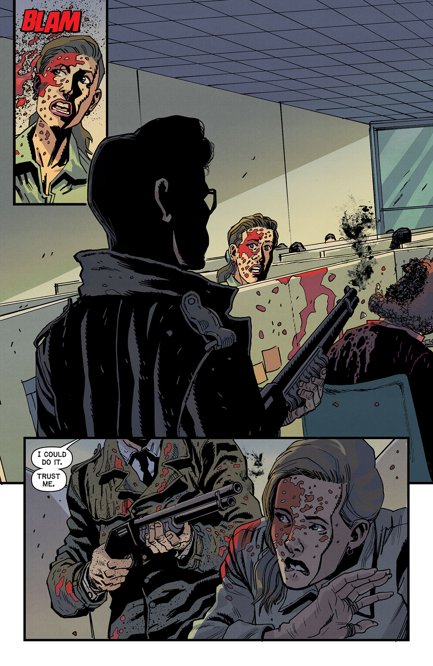 A gun blast off panel leads to Mila being spattered with blood - she looks up to see the man holding a gun with a smoking barrell and in the next panel he aims it toward Mila promising he could really do it. 