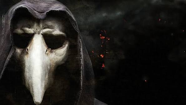 Man in plague doctor's mask looks forward