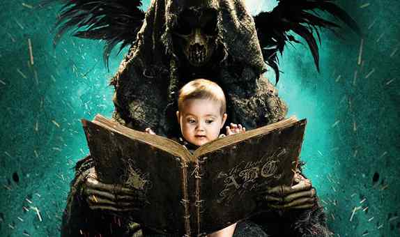 Teacher on trial facing prison for showing students the abcs of death. The abcs of death dvd cover and movie poster image with a grim reaper type reading a baby his abcs.