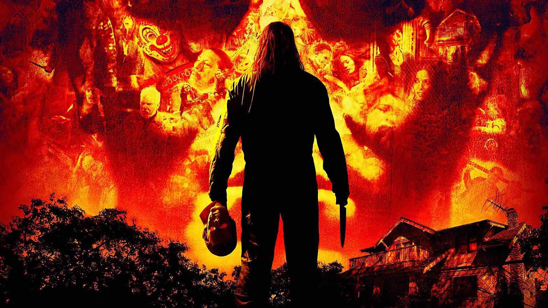 michael myers in the poster for the 2007 rob zombie halloween movie.