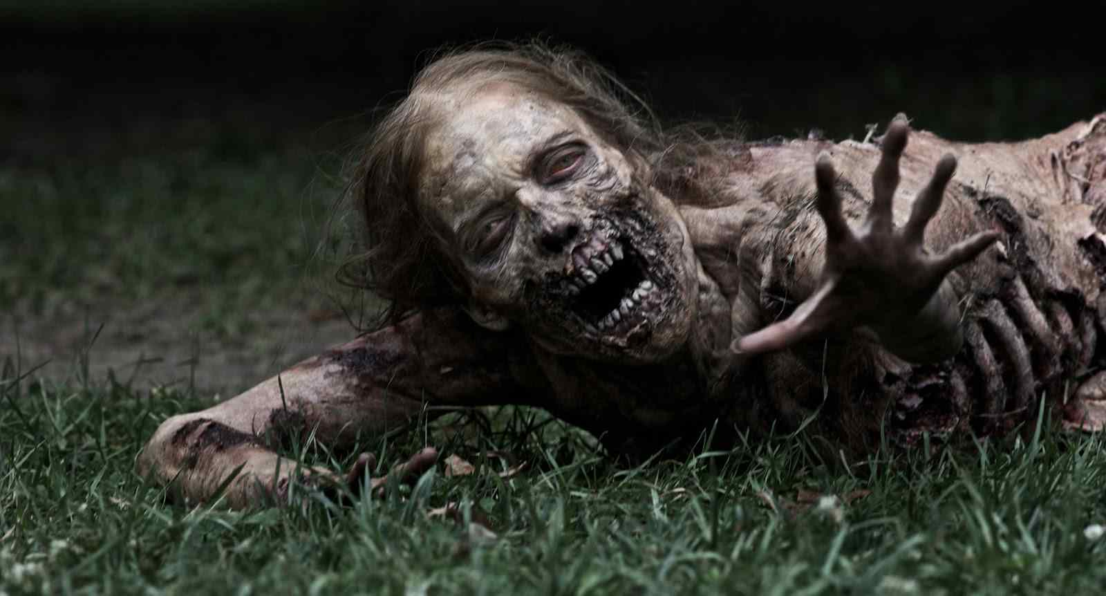 a dead zombie woman crawling and desperate for meat in the walking dead.