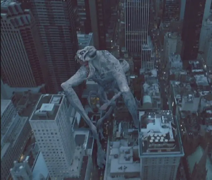 The monster from the Cloverfield in which an unknown species causes destruction in New York.