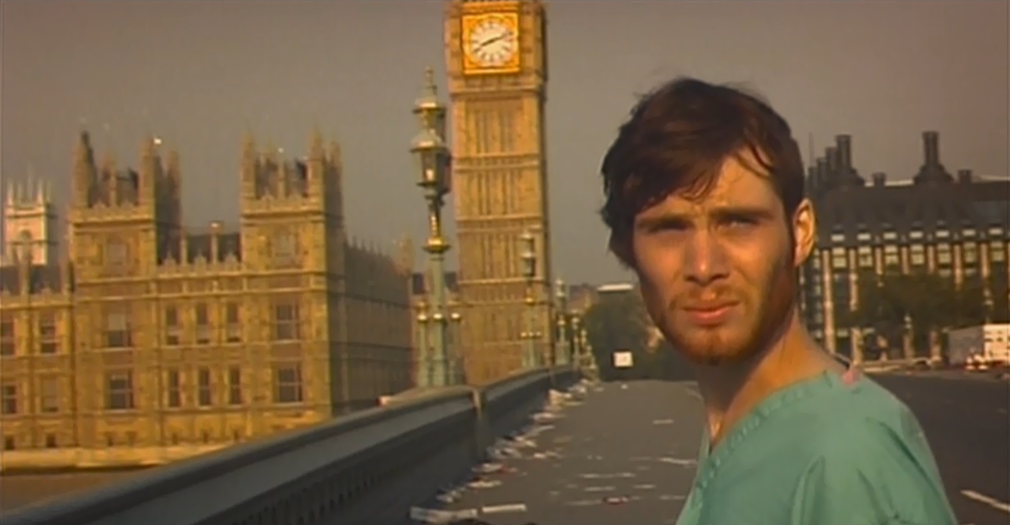 Jim (Cillian Murphy) looking out over the deserted city in the Danny Boyle zombie film 28 Days Later.