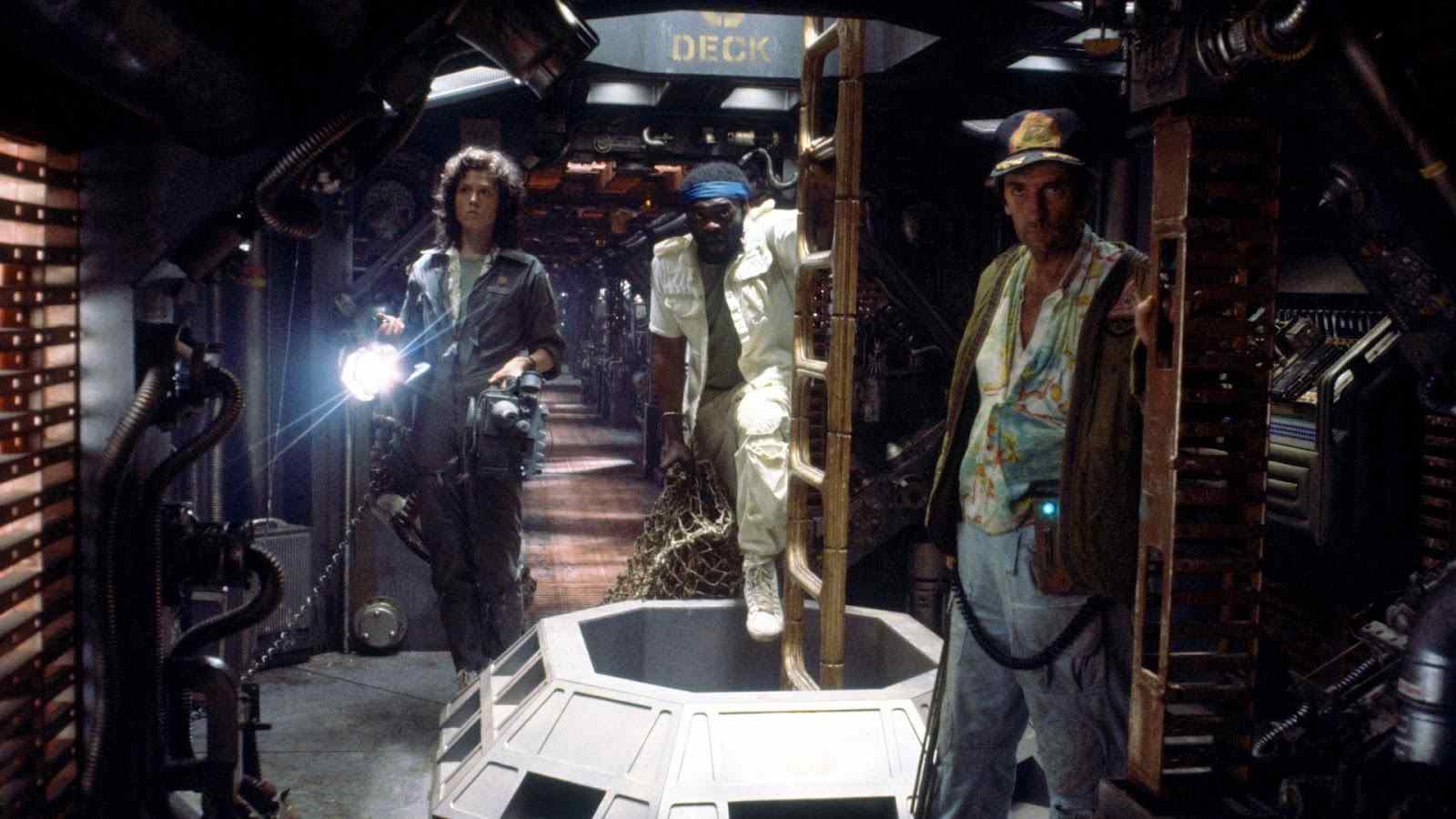 The cast of Ridley Scott's Alien searching their ship.