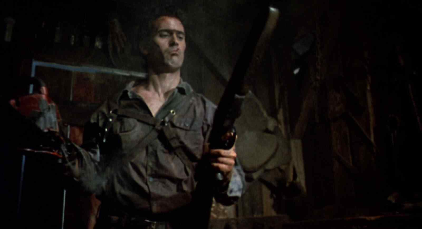 Ash (Bruce Campbell) with a shotgun in Sam Raimi's 1987 cult horror-comedy follow up Evil Dead II: Dead by Dawn.