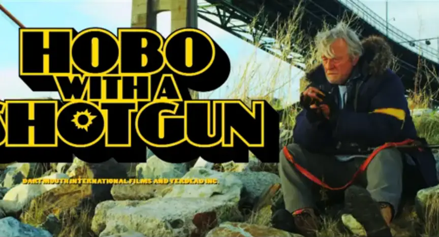 Hobo with a shotgun title screen with Rutger Hauer - directed by Jason Eisner.