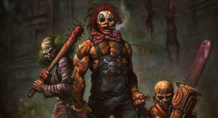 Teaser art featuring concept designs for the clowns in rob zombie's 31.