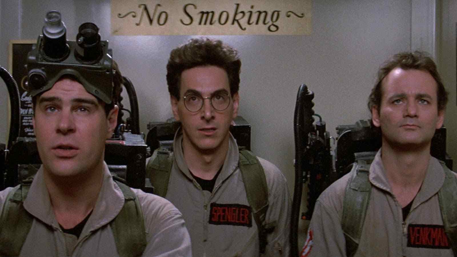 Raymond (Dan Aykroyd), Peter (Bill Murray), and Egon (Harold Ramis) in Ivan Reitman's Ghostbusters.