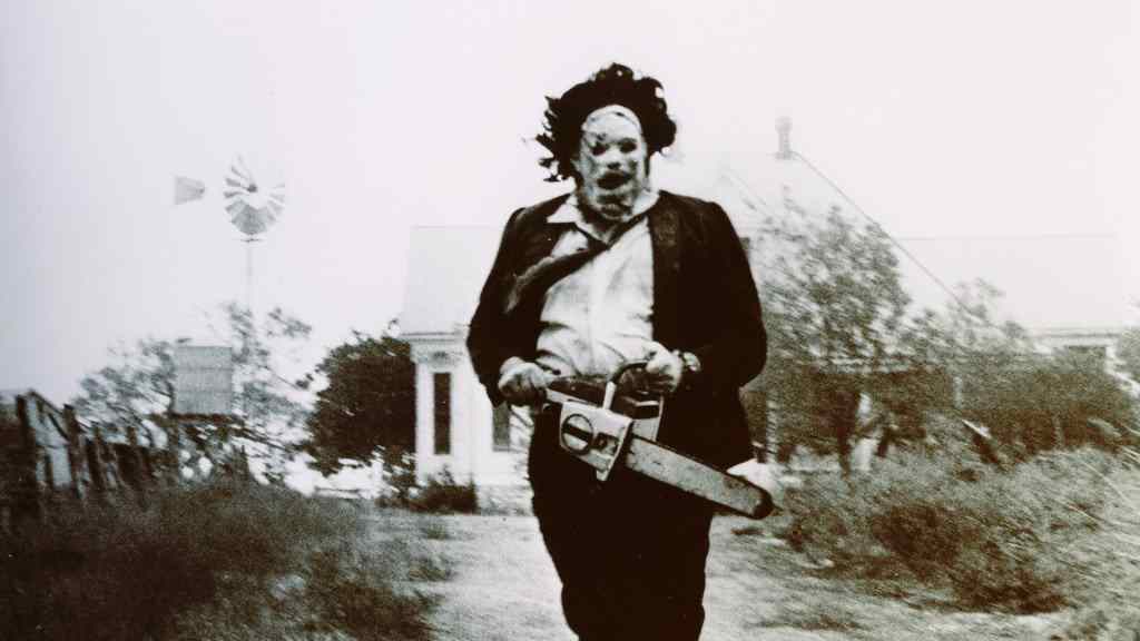 The iconic character Leatherface from the movie The Texas Chainsaw Massacre directed by Tobe Hooper.