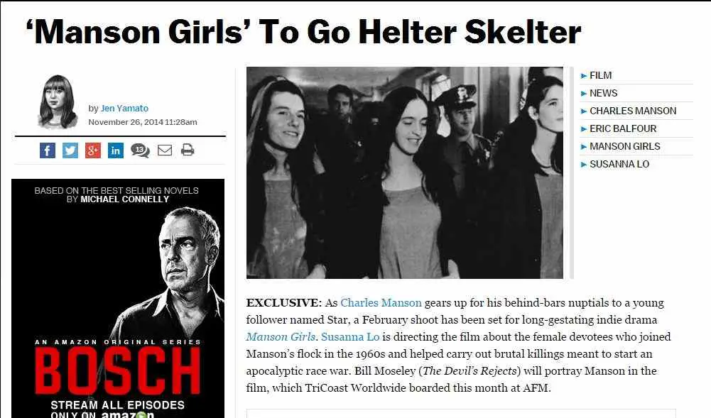 Deadline.com article on Susanna Lo's film Manson Girls.