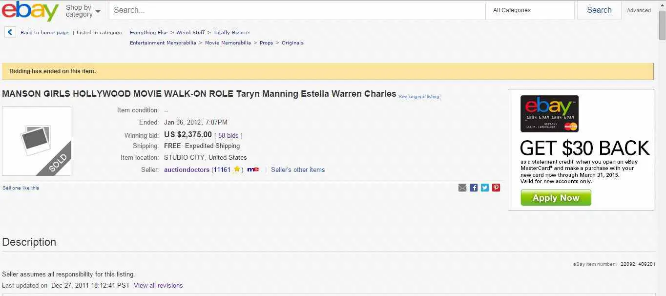 Details of the eBay auction selling a walk-on role for Susanna Lo's Manson Girls.
