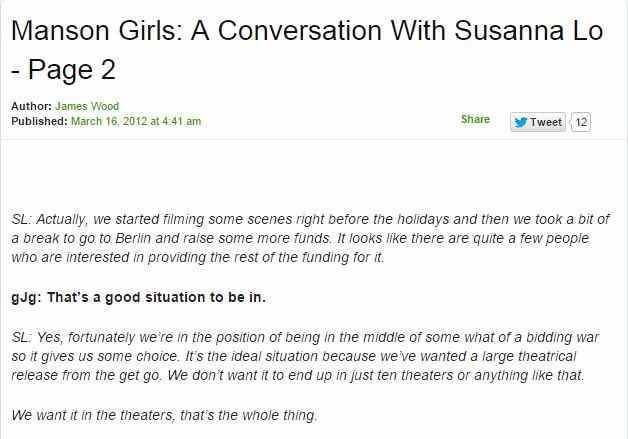 Screenshot of the deleted (but still archived) interview with James Wood about Susanna Lo's film Manson Girls.