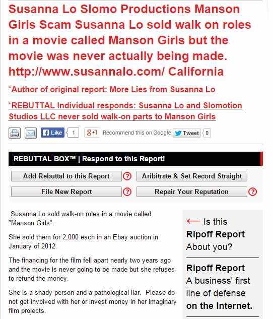 Screenshot of the Ripoff Report filed against Susanna Lo and Slomotion Studios.