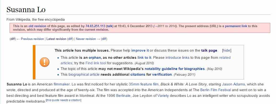 Detail of the vandalism against Susanna Lo's Wikipedia page.