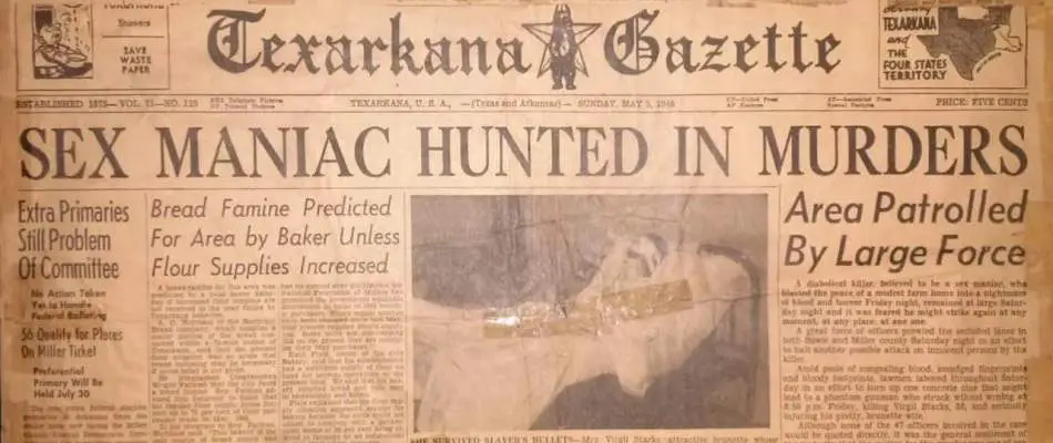 Headlines from the Texarkana Gazette, as seen in the 2014 documentary Killer legends.