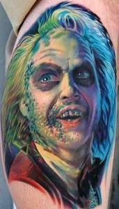 Michael keatons character from the movie Beetlejuice horror movie tattoo.