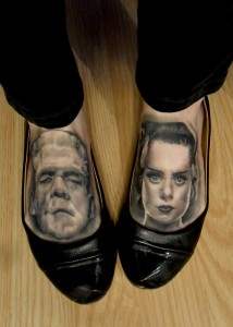 foot tattoos of frankenstein and the bride of frankenstein. 