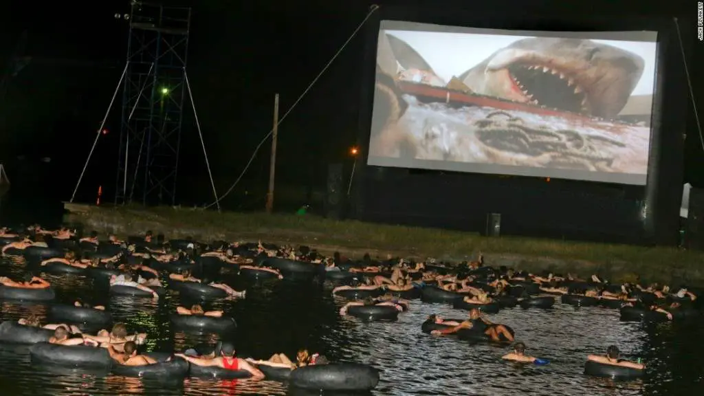 The Alamo Drafthouse Rolling Roadshow Jaws on the water showing.