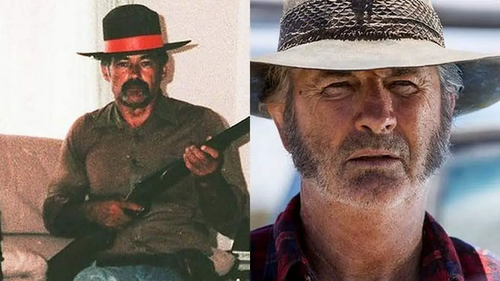 Ivan Milat, left, John Jarratt as Mick Taylor, right