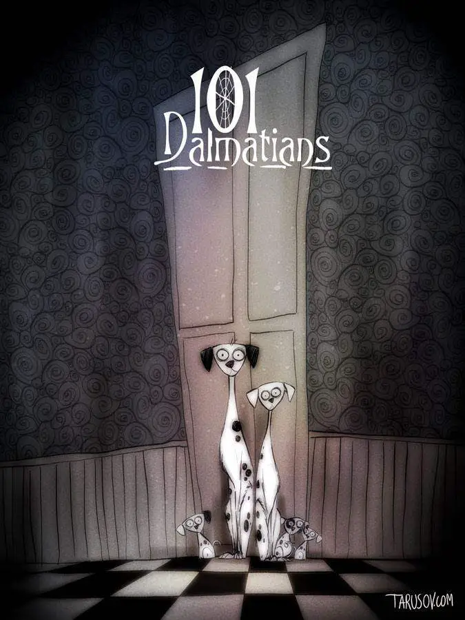 Andrew Tarusov 101 Dalmations Disney Tim Burton makeover illustration.