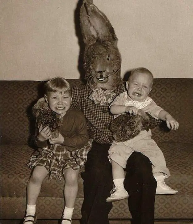 Terrifying evil easter bunny family photos.