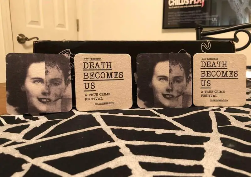 Death Becomes Us Black Dahlia coasters in February 2019 Creepy Crate