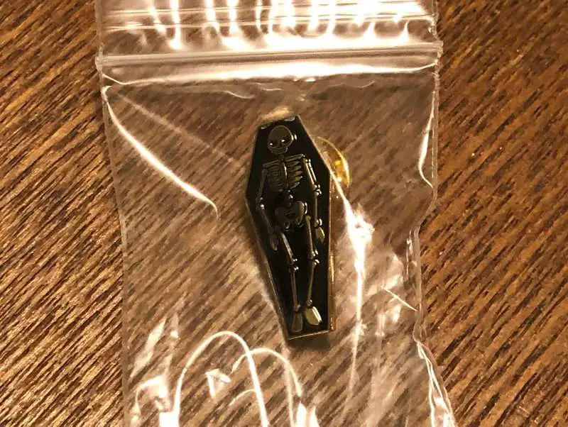 Skeleton in coffin pin in February 2019 Creepy Crate