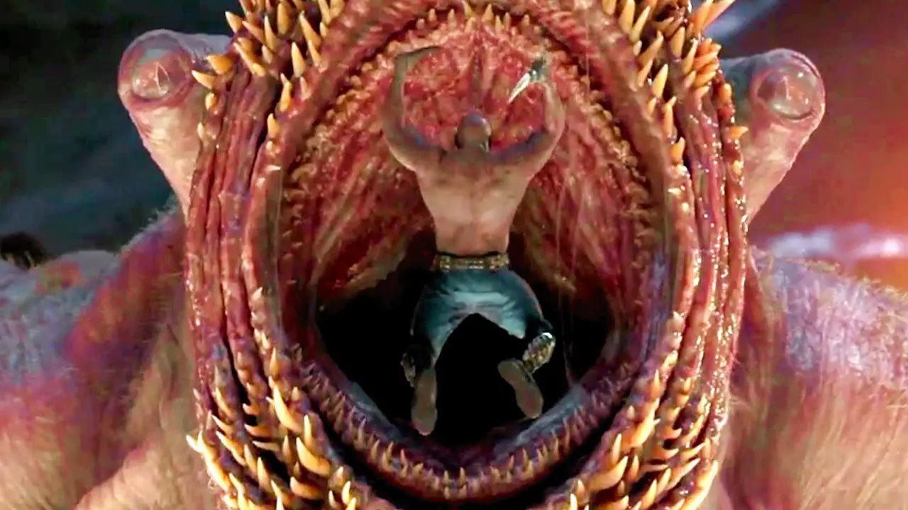 Drax jumping into the mouth of a monster