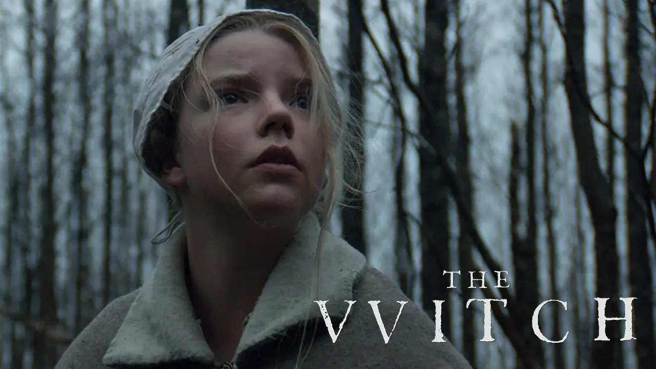 Top Five Horror Movies alt=" The Witch movie poster, a pale skinned girl in puritan clothing stares at something in the distance, beside her the movie title appears" 