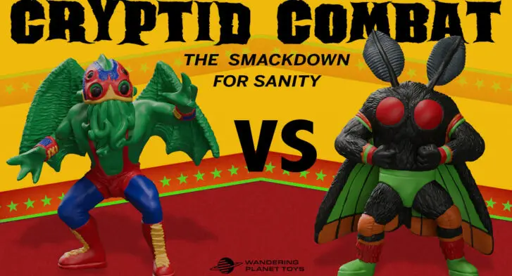 Cthulhu and Mothman wrestling figures in combat attire