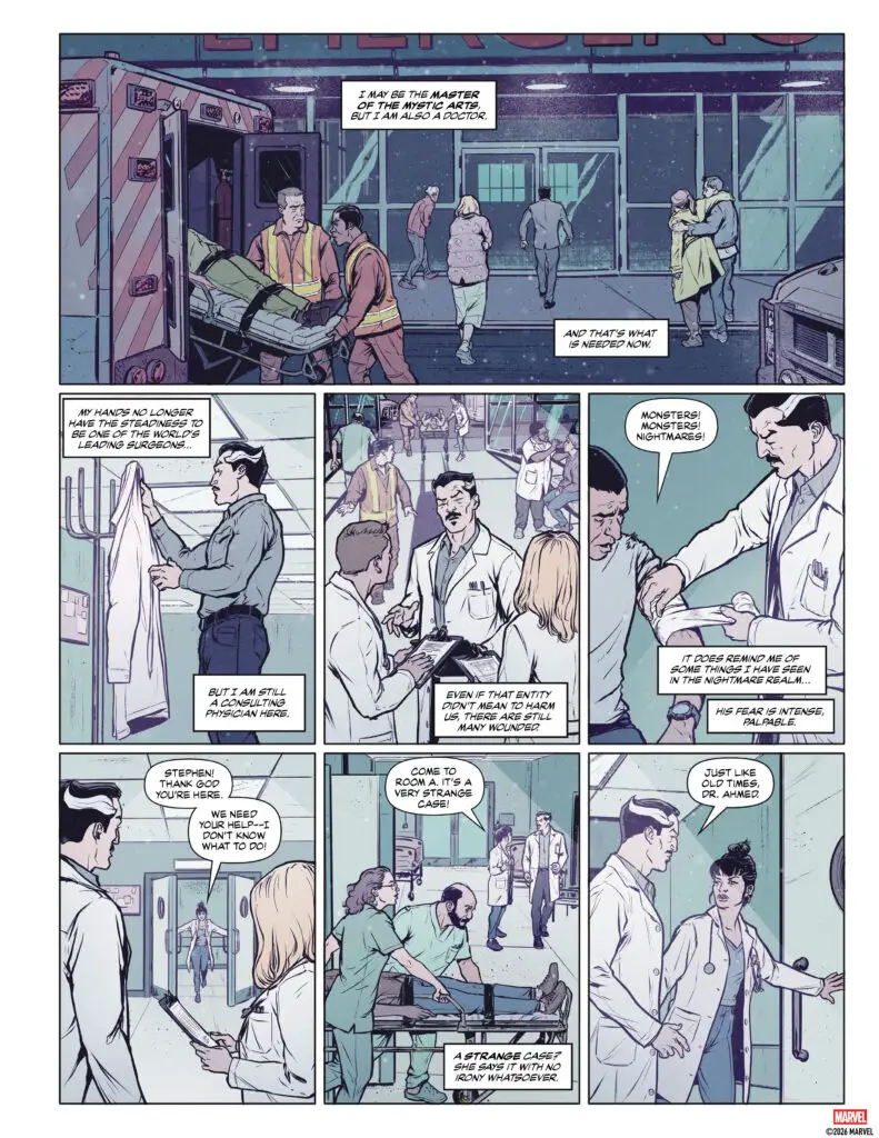 In a hospital scene Dr. Strange in white coat is taken to see a patient